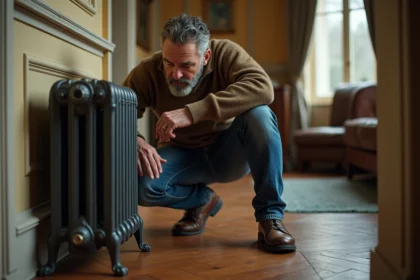 Homme en jeans et pull touche un pied de radiateur ancien