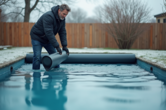 Homme en hiver posant une couverture de piscine extérieure