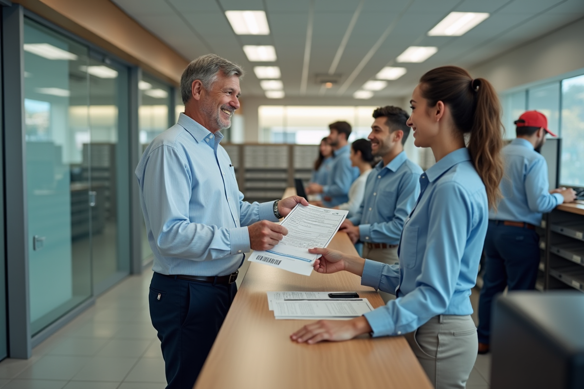 Homme déposant un formulaire au bureau de poste moderne