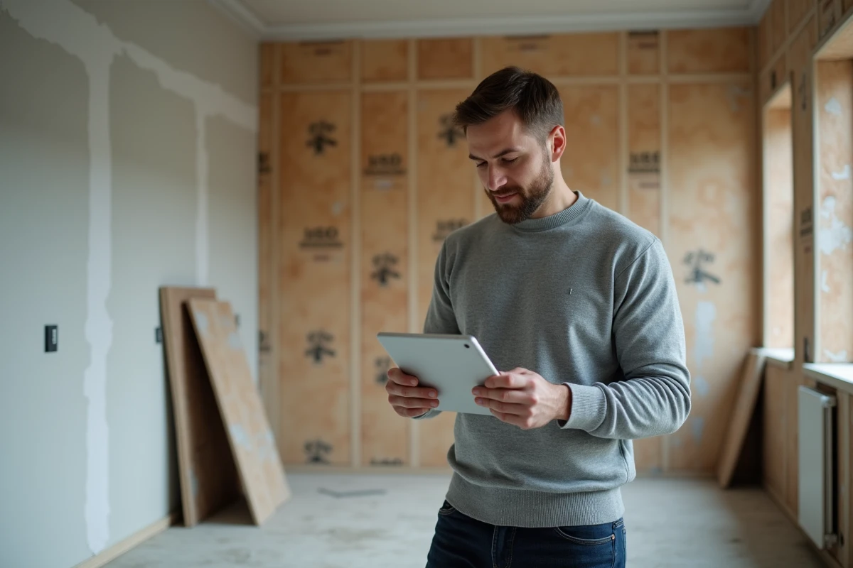 Homme consultant un simulateur de subventions travaux sur tablette dans un logement en cours de rénovation