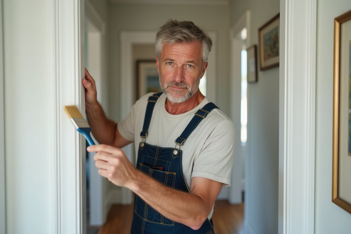 Hommes en train de border une porte dans un couloir