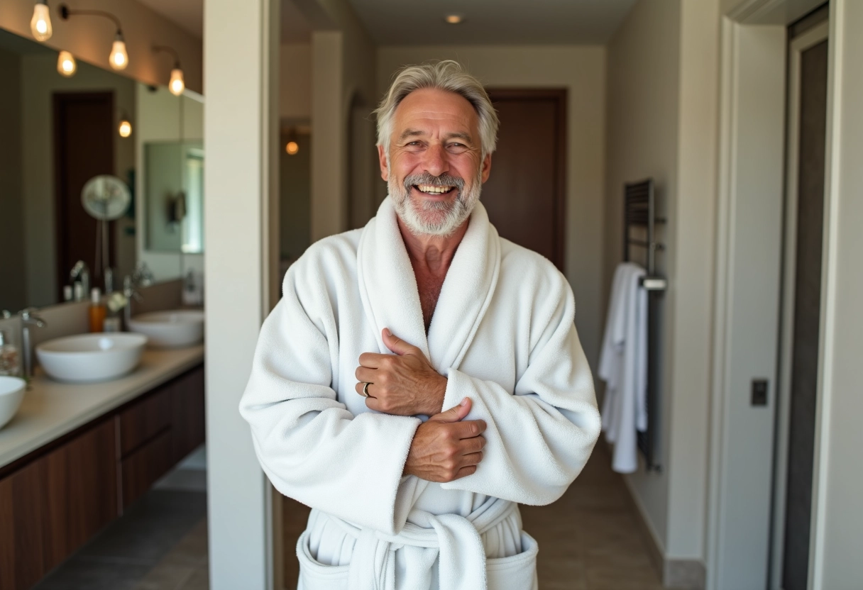 Homme souriant enveloppé dans une serviette chaude dans la salle de bain