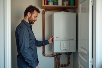 Homme inspectant un chauffe-eau thermodynamique moderne dans un local propre