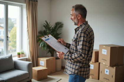 Homme d'âge moyen vérifiant une facture dans un salon moderne