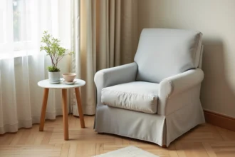 Housse extensible gris clair ajustée sur un fauteuil dans un salon moderne aux tons chaleureux