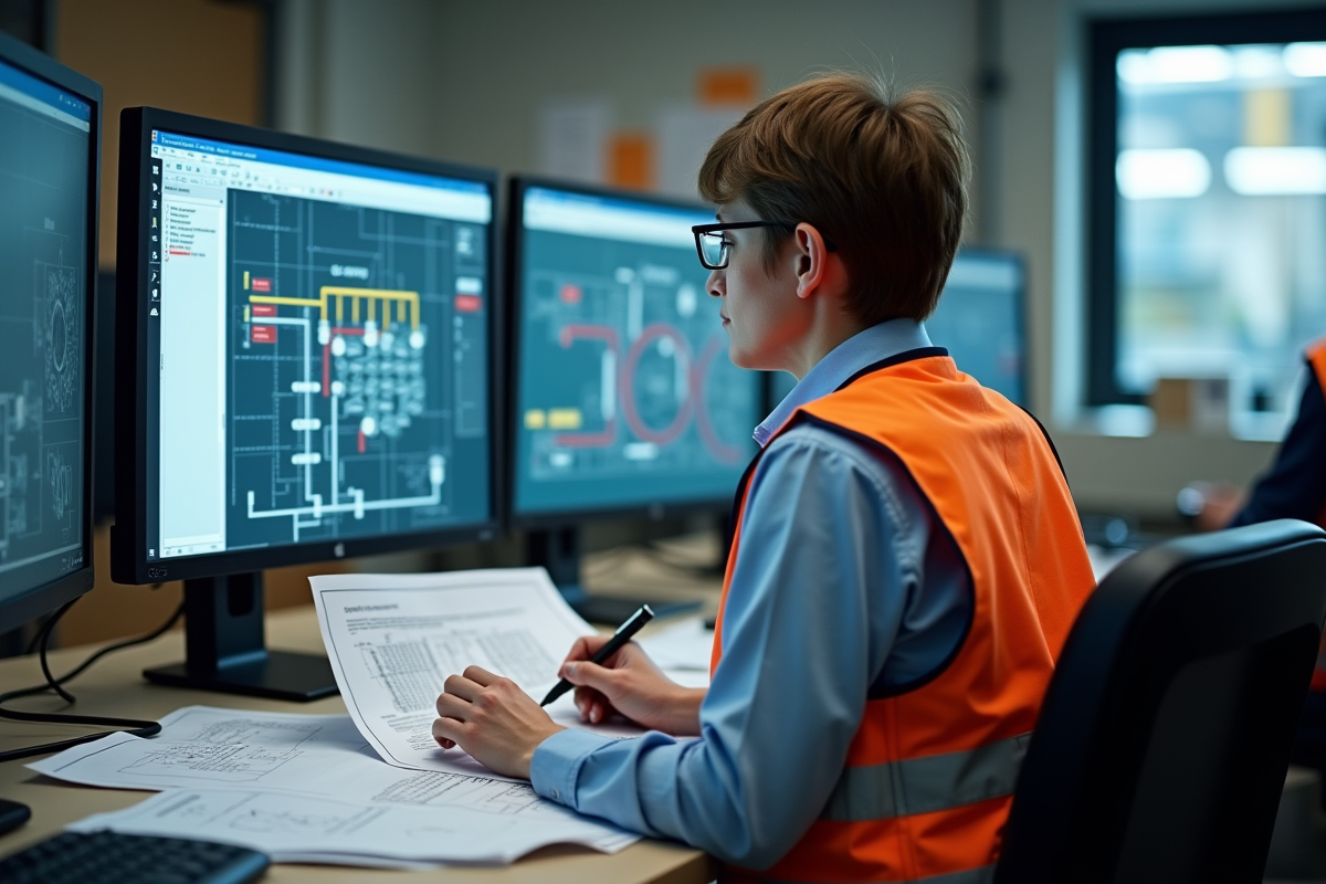 Jeune femme ingenieur analysant schemas de systeme de chaleur