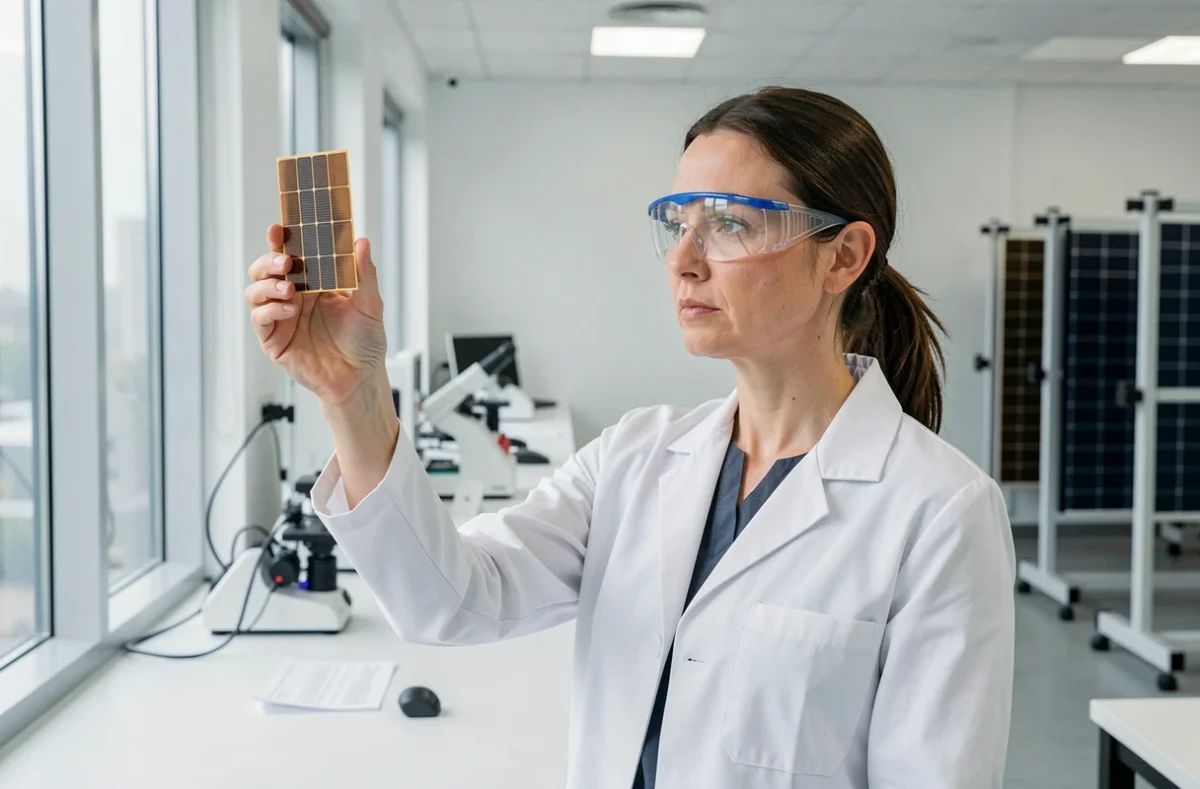Ingénieure examinant une cellule solaire pérovskite dans un laboratoire de recherche photovoltaïque