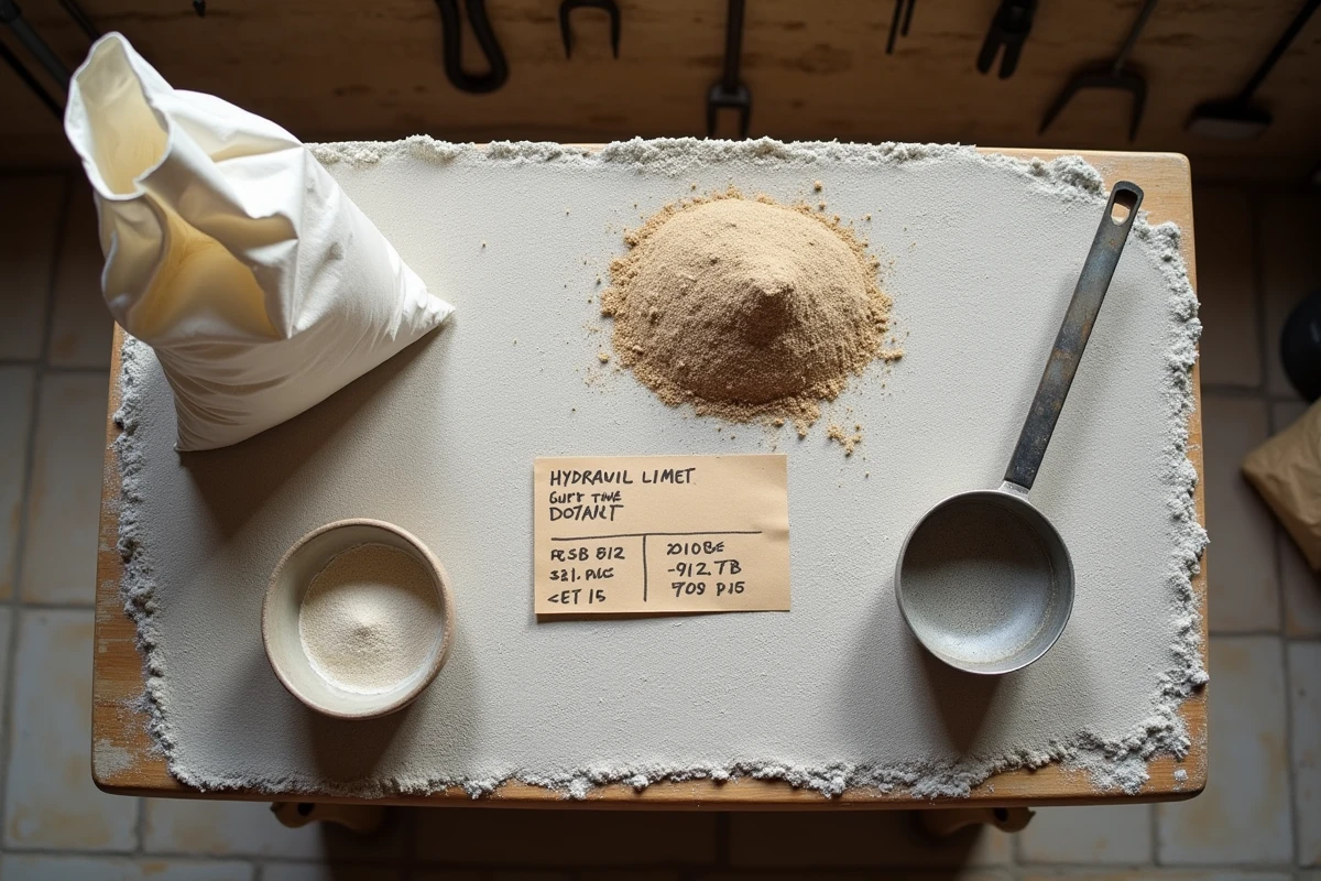 Vue de dessus des ingrédients pour préparer un dosage mortier chaux sable avec une recette manuscrite
