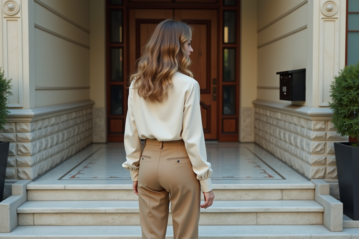 Jeune femme inspectant des carreaux décoratifs devant une entrée rénovée