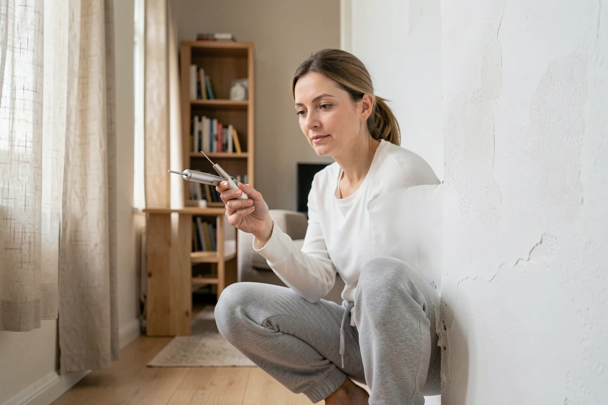 Femme inspectant l'évolution du traitement humidité d'un mur intérieur avec un hygromètre numérique dans un salon rénové