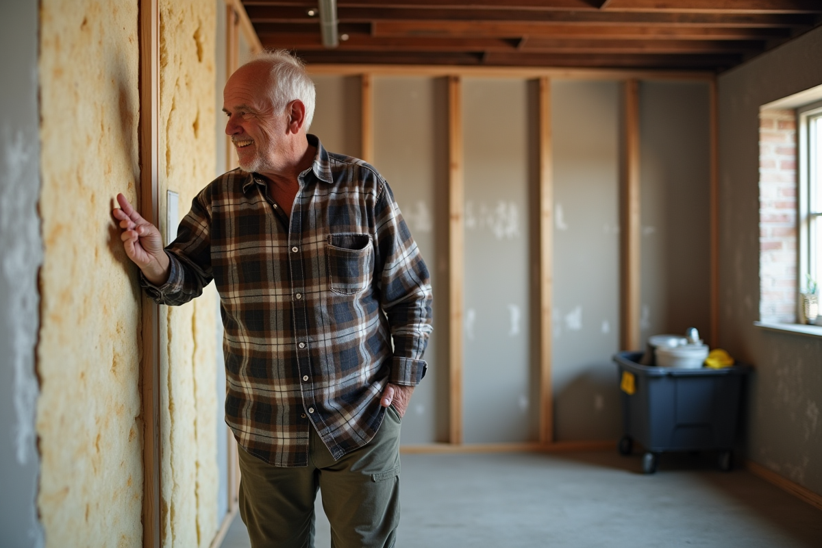 Homme inspectant des panneaux d isolation dans un sous-sol rénové
