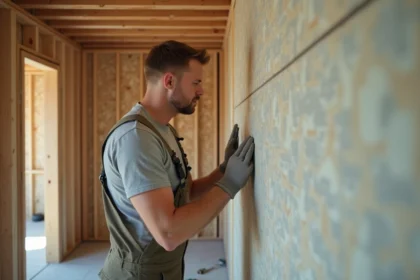 Hommes en travaux posant des plaques de platre sans rails