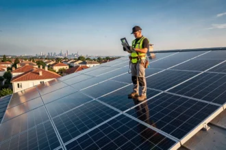 Technicien installant des panneaux solaires sur un toit résidentiel dans le Rhône avec la ville de Lyon en arrière-plan