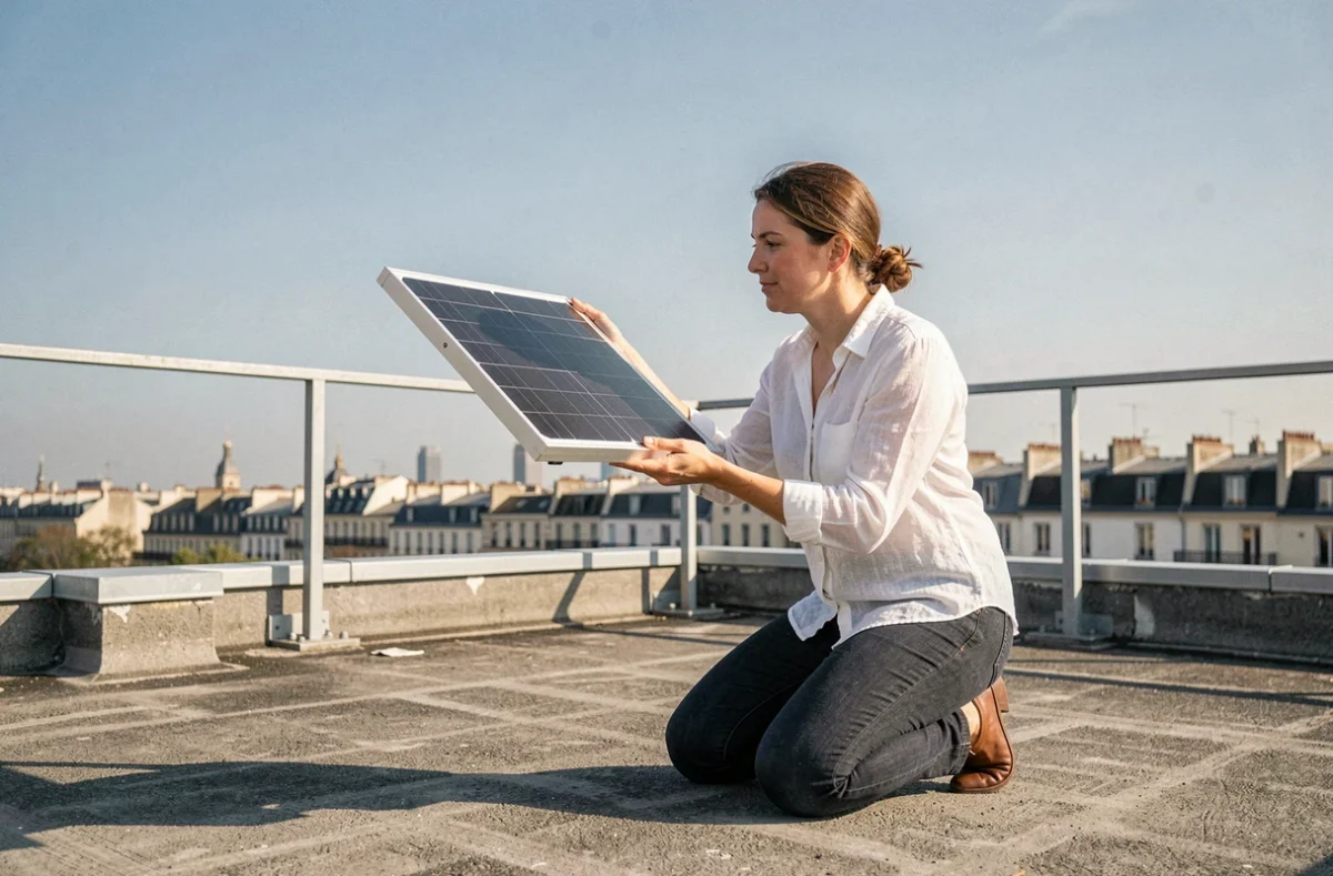 Femme installant un panneau solaire portable sur une terrasse urbaine
