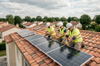 Techniciens installant des panneaux solaires Engie sur le toit d'une maison individuelle en France
