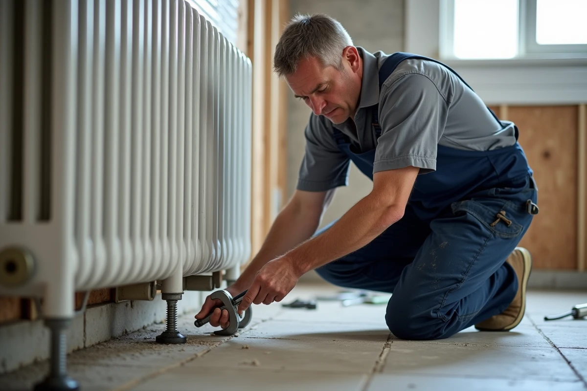 Plombier installant des pieds de support pour radiateur fonte lourde dans une salle de bain en rénovation