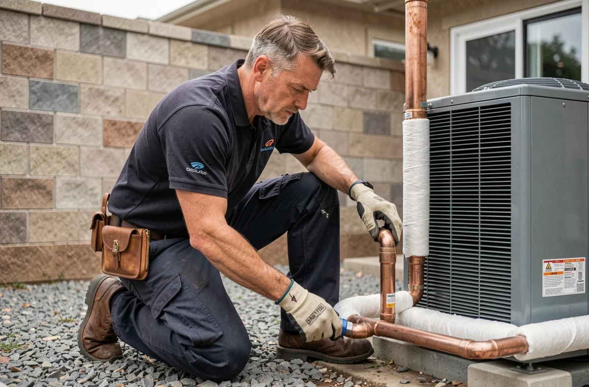 Technicien installant une pompe à chaleur air-eau Daikin 18 kW lors d'un chantier résidentiel