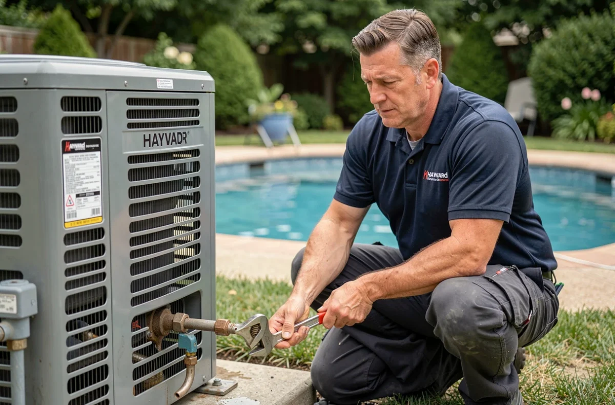 Technicien en train d'installer une pompe à chaleur Hayward pour piscine résidentielle