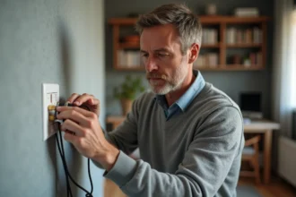 Homme moyenâgeux installe une prise coaxiale dans un salon moderne