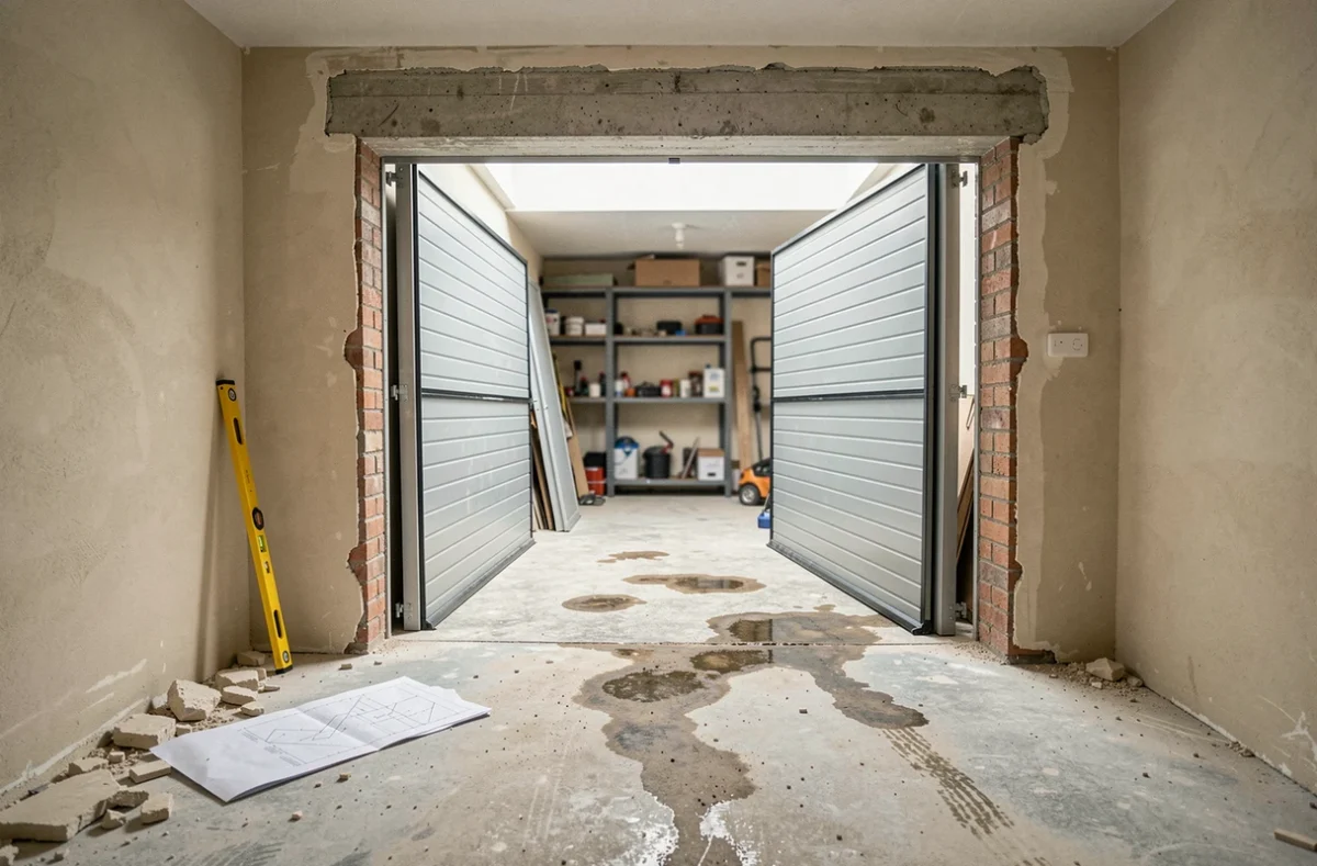 Intérieur de garage en cours de rénovation avec ancienne porte retirée et nouveau panneau de porte sectionnelle installé