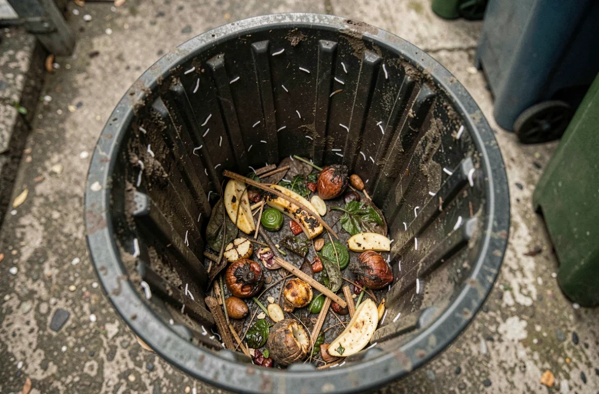 Intérieur d'une poubelle infestée de vers blancs et de déchets organiques en décomposition, vue de dessus