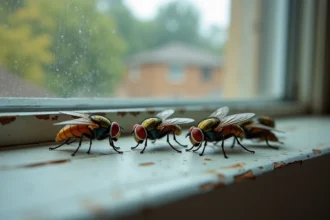 Mouches rassemblées sur un rebord de fenêtre en bois à l'intérieur d'une maison, vue macro réaliste illustrant une invasion de mouches domestiques