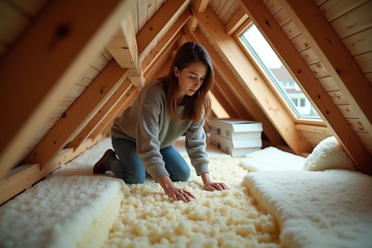 Femme posant de la laine mineral dans un grenier bien rangé