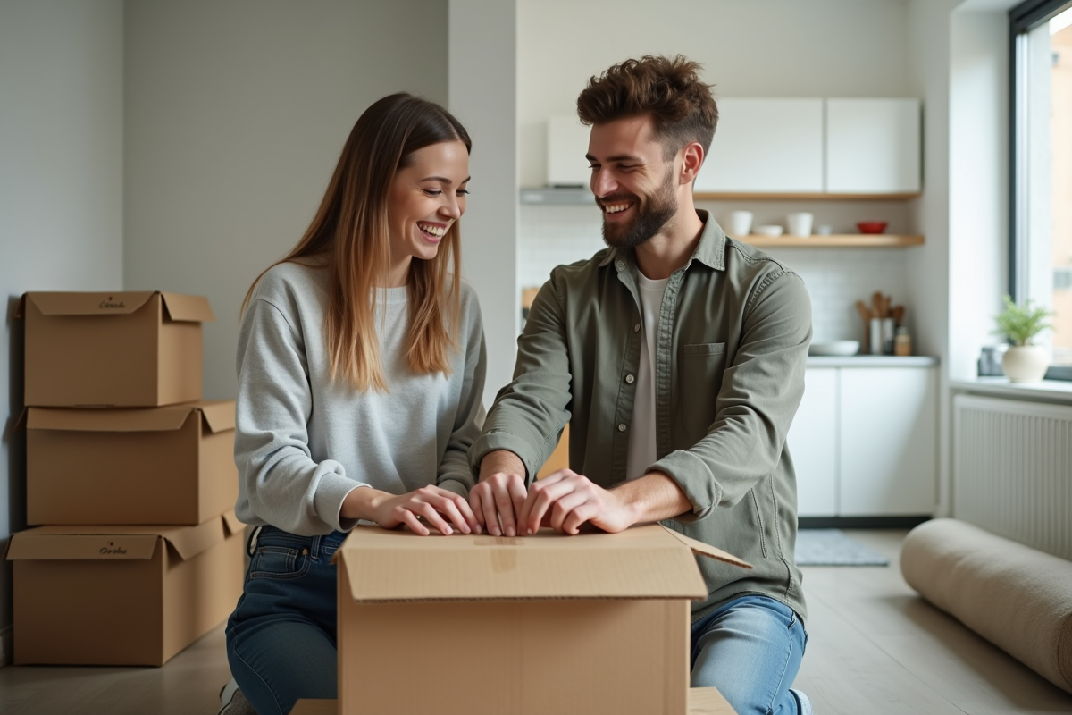 Jeune couple souriant en train de sceller une box dans un couloir