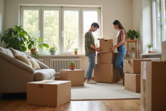 Jeune couple emballant des cartons dans un salon lumineux