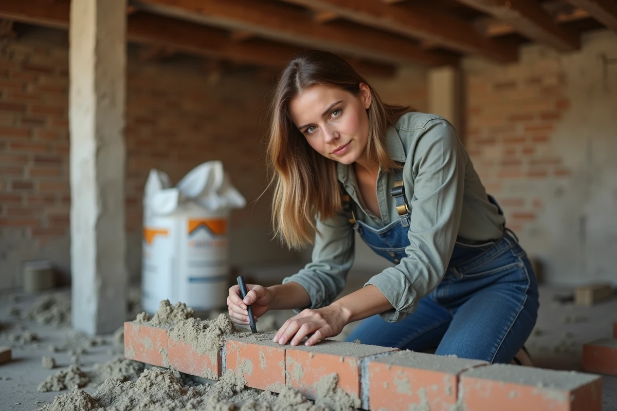 Jeune femme pose du mortier dans une maison en rénovation