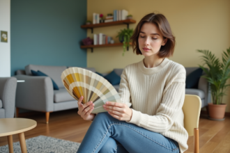 Jeune femme examine un échantillon de couleurs dans un salon moderne