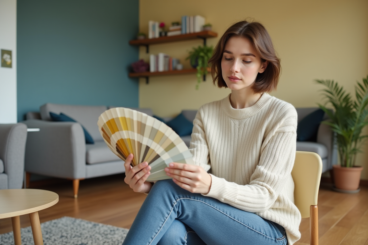 Jeune femme examine un échantillon de couleurs dans un salon moderne
