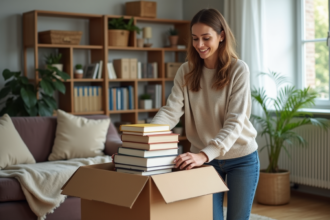 Jeune femme rangeant des livres dans une boîte à la maison