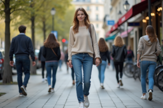 Jeune femme dans Paris marche sur le trottoir
