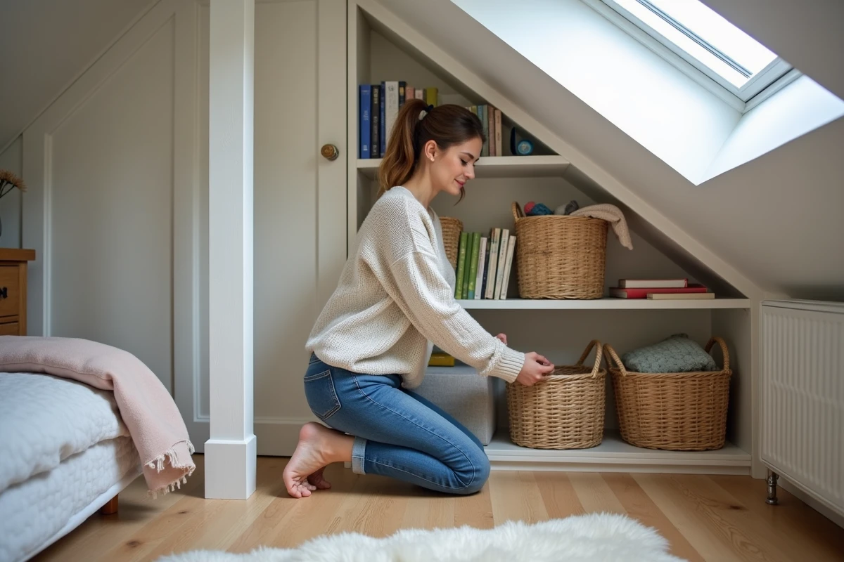 Jeune femme arrangeant des livres dans un rangement sous pente