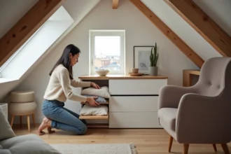 Jeune femme dans un grenier aménagé rangeant du linge