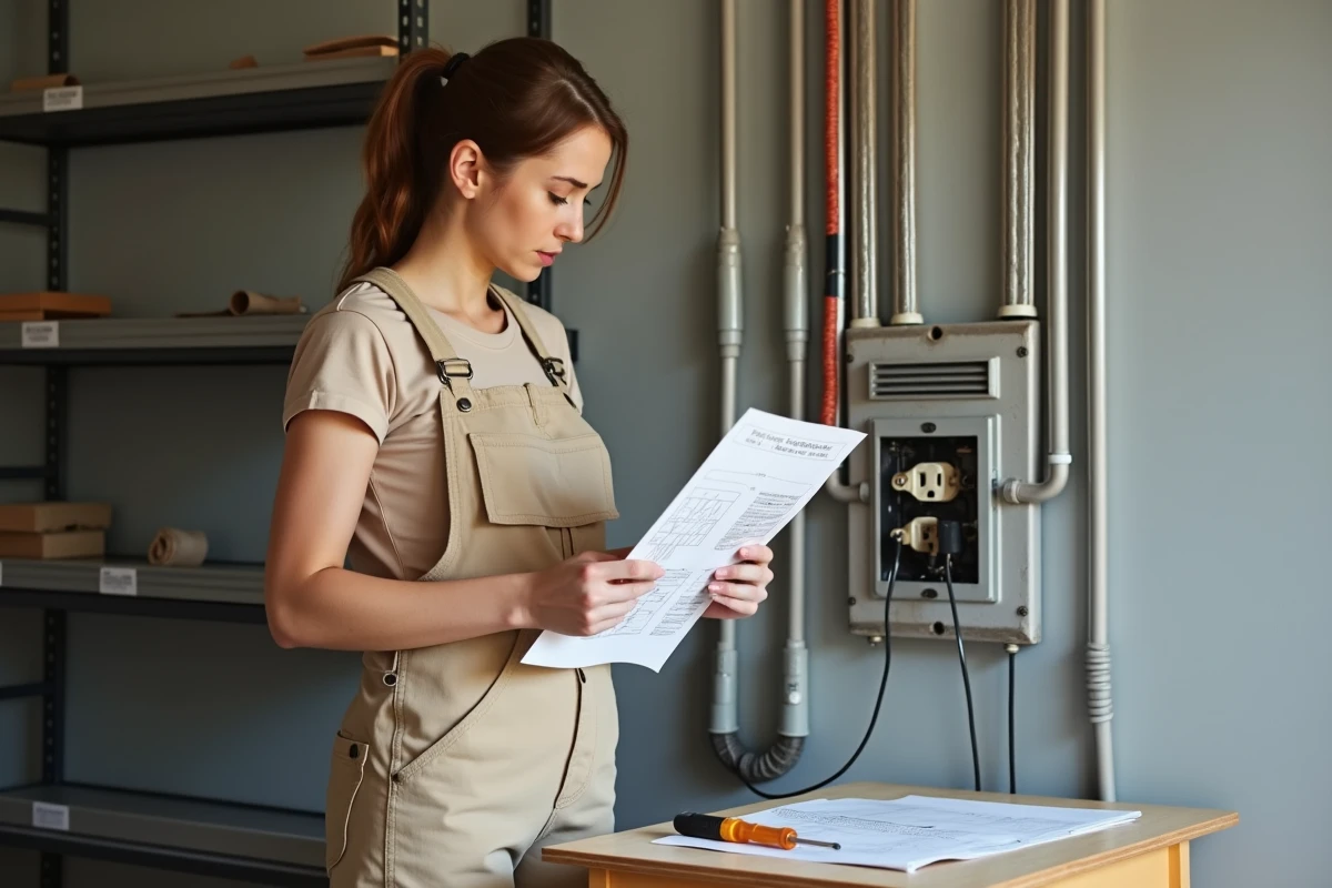 Jeune femme vérifiant un schéma électrique dans un garage