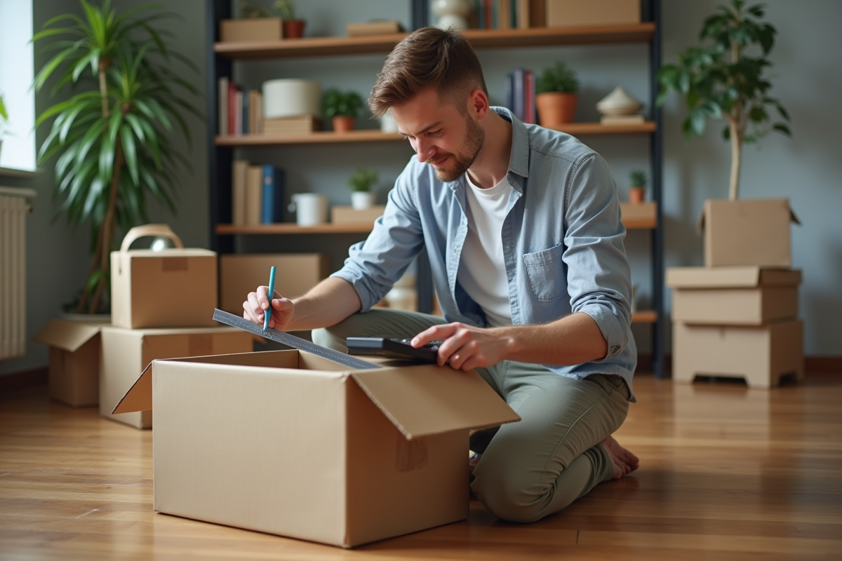 Jeune homme préparant un colis dans le salon
