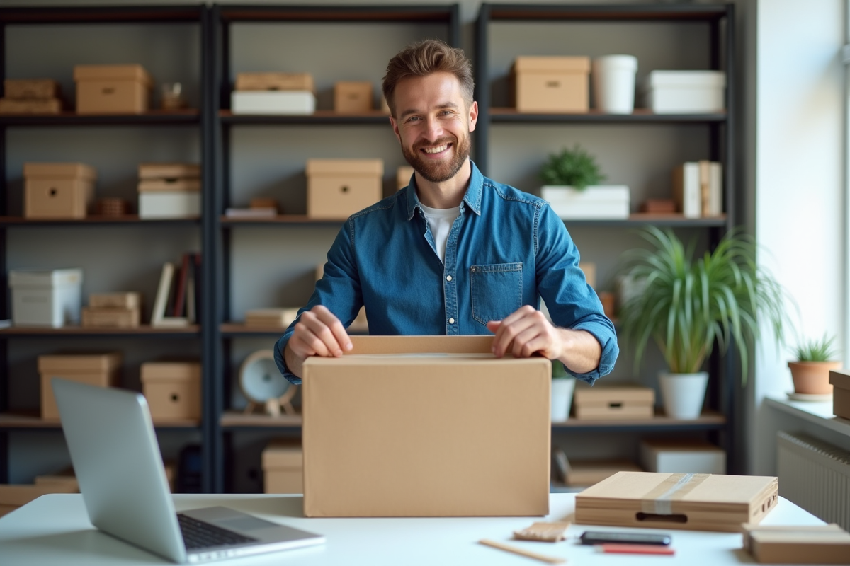 Jeune homme scellant un colis dans un bureau organisé
