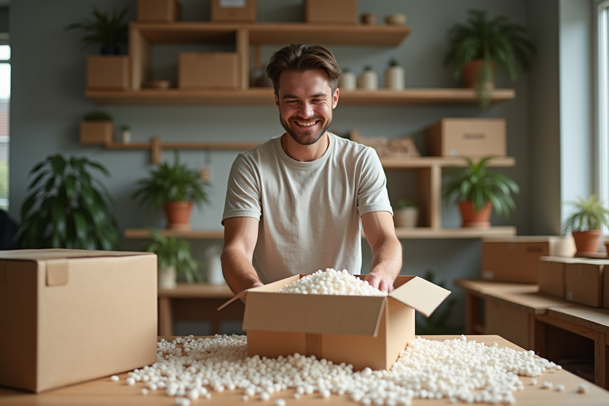 Jeune homme remplissant une boîte de packing peanuts biodégradables dans un atelier moderne