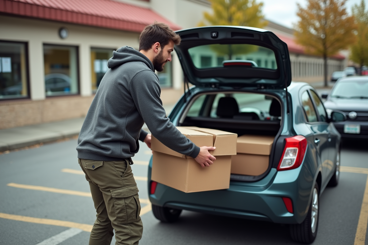 Jeune homme chargeant des cartons dans une voiture au centre communautaire