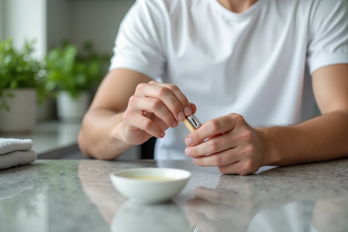 Jeune homme nettoyant une bague en argent avec une brosse