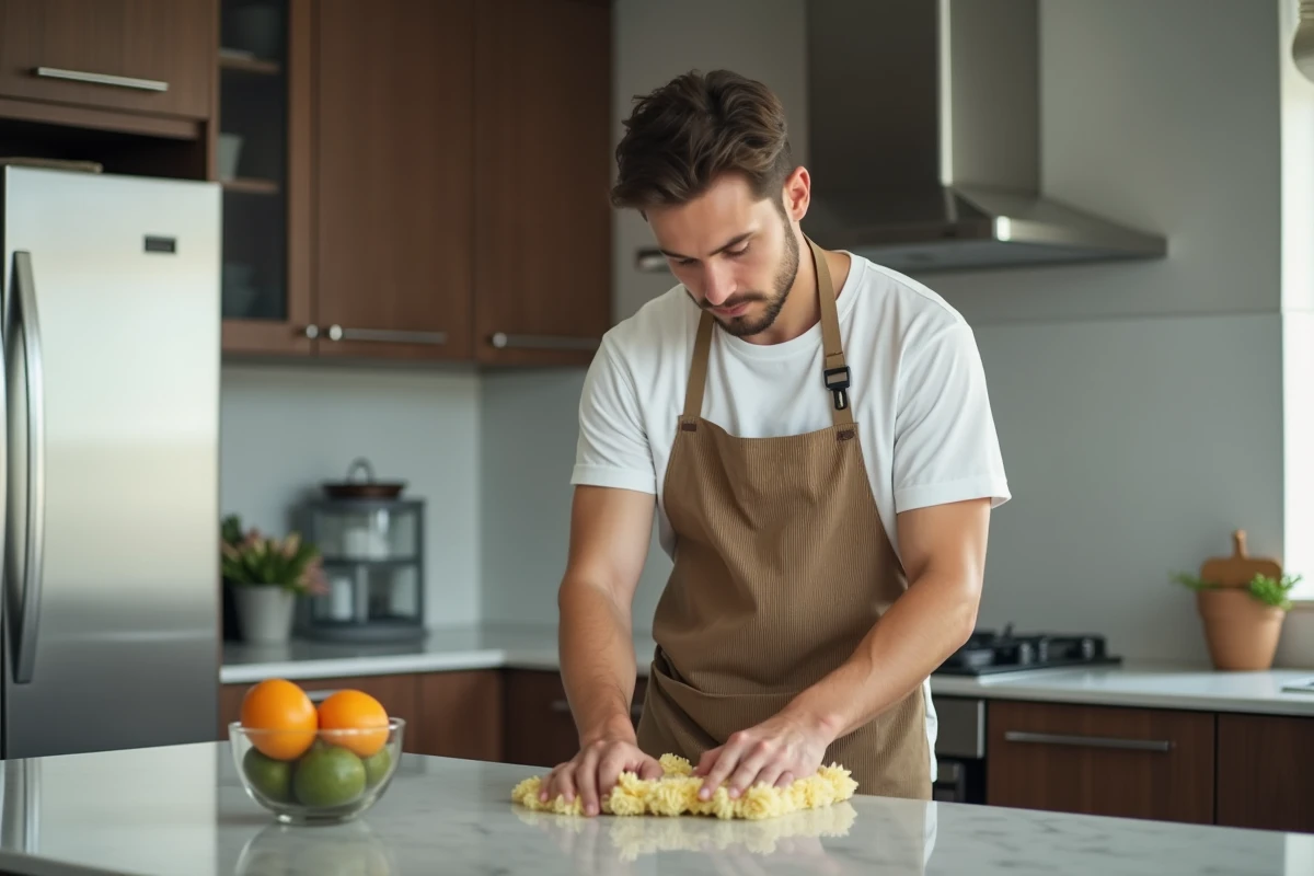 Jeune homme nettoie la cuisine avec un tablier