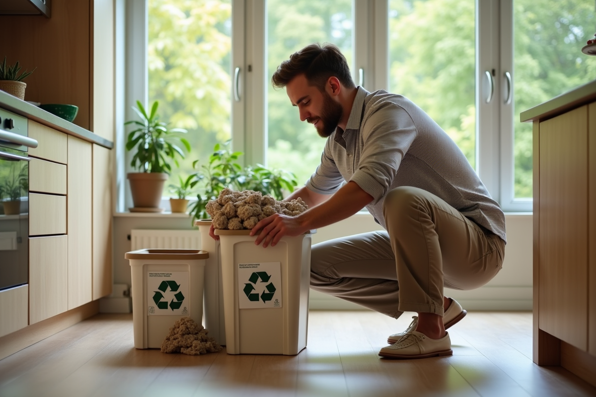 Jeune homme triant des déchets dans la cuisine écologique