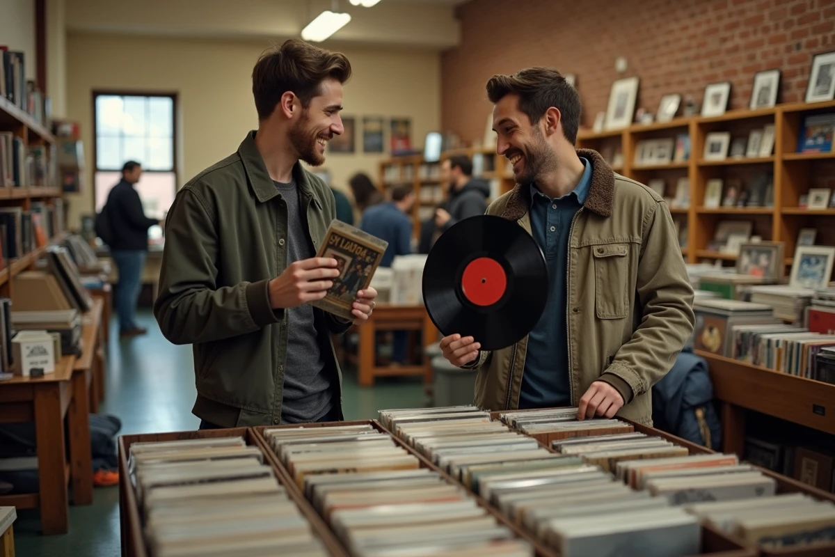 Deux jeunes hommes riant en parcourant des disques vinyles