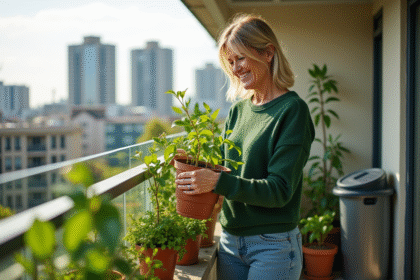 Femme cultivant des plantes sur un balcon écologique