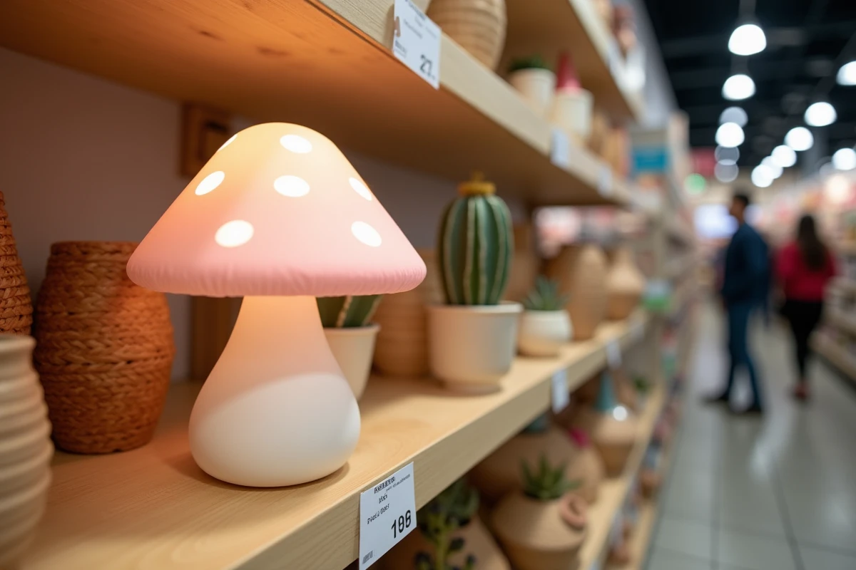 Lampe champignon décorative à prix abordable exposée sur une étagère dans un magasin de décoration