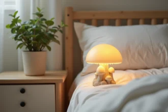 Lampe de chevet en forme de champignon posée sur une table de nuit en bois dans une chambre scandinave cosy