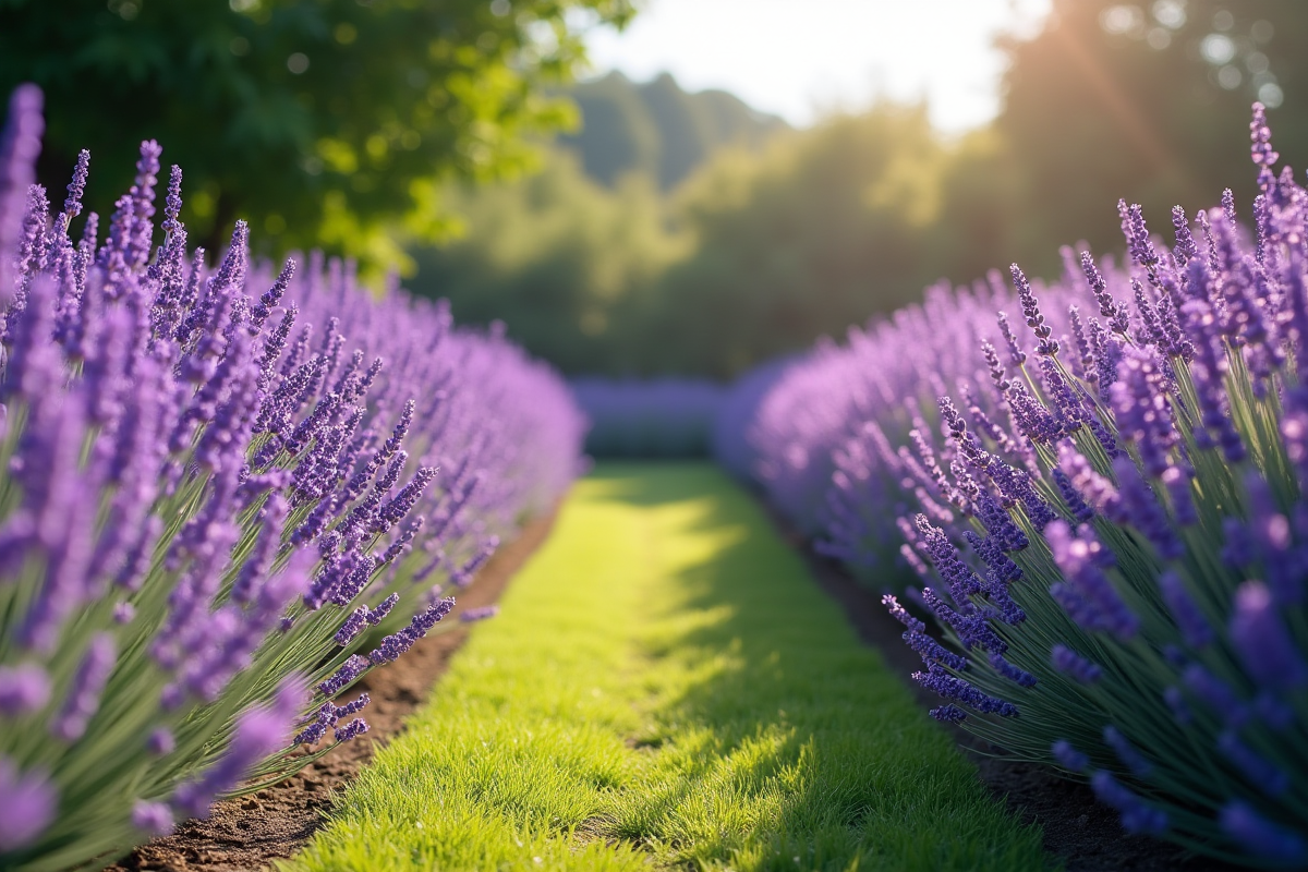 Jardin ensoleille avec rangées de lavande en pleine floraison
