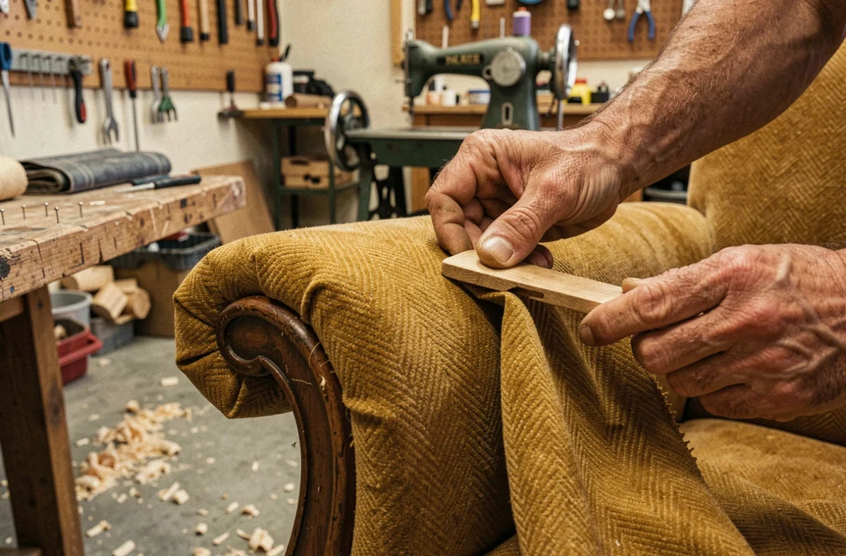 Gros plan sur les mains d'un artisan qui pose le tissu sur l'accoudoir d'un fauteuil Voltaire